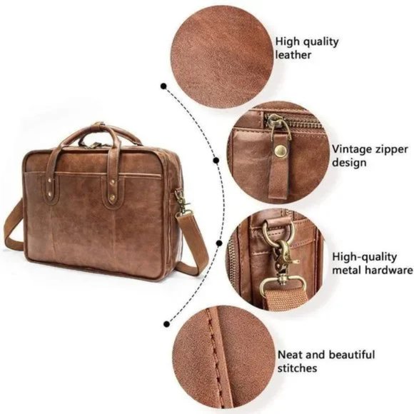 NEW Brown Leather Briefcase 15.6 Inch Laptop Bag Travel Messenger Bag - Picture 8 of 11